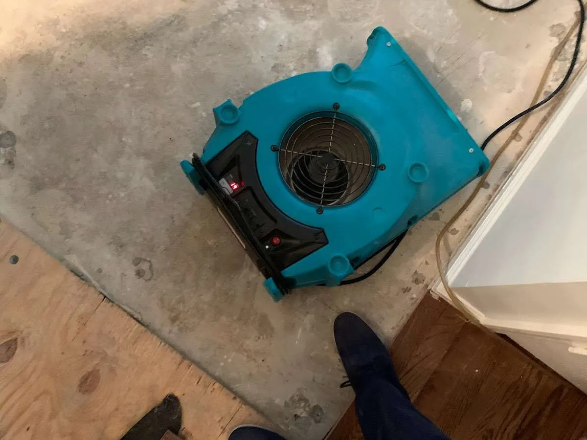 Air mover drying subfloor during Commercial Water Damage Restoration in Bethany